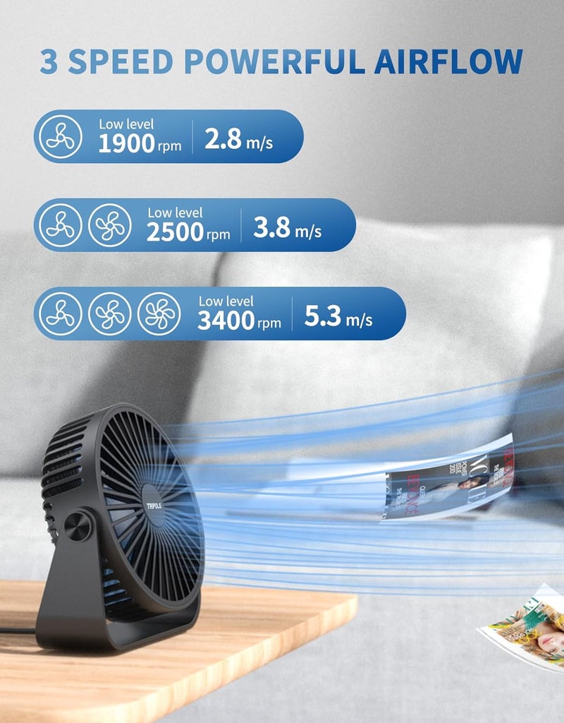 TriPole مروحة مكتب USB محمولة صغيرة قوية 3 سرعات هواء مروحة شخصية مكتبية مع دوران رأس 360° للمنزل والمكتب والسيارة والداخل والخارج 2 عبوة سوداء، بدون بطارية، 4.5 بوصة - Image 4